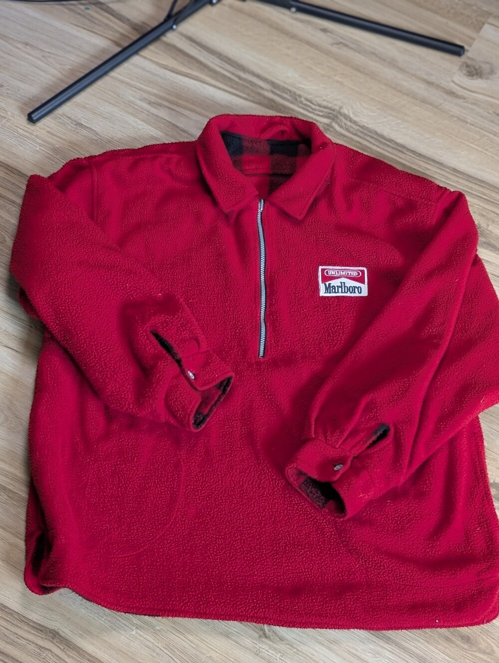 Vintage 90s Marlboro Unlimited Reversible Fleece Mens XL Red Buffalo Check/Plaid